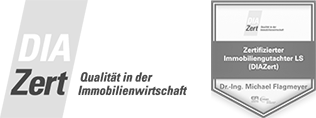Logo der DIAZert und Zertifizierungssiegel für den Immobiliengutachter nach DIN EN ISO/IEC 17024 und Sachverständigen Dr. Flagmeyer